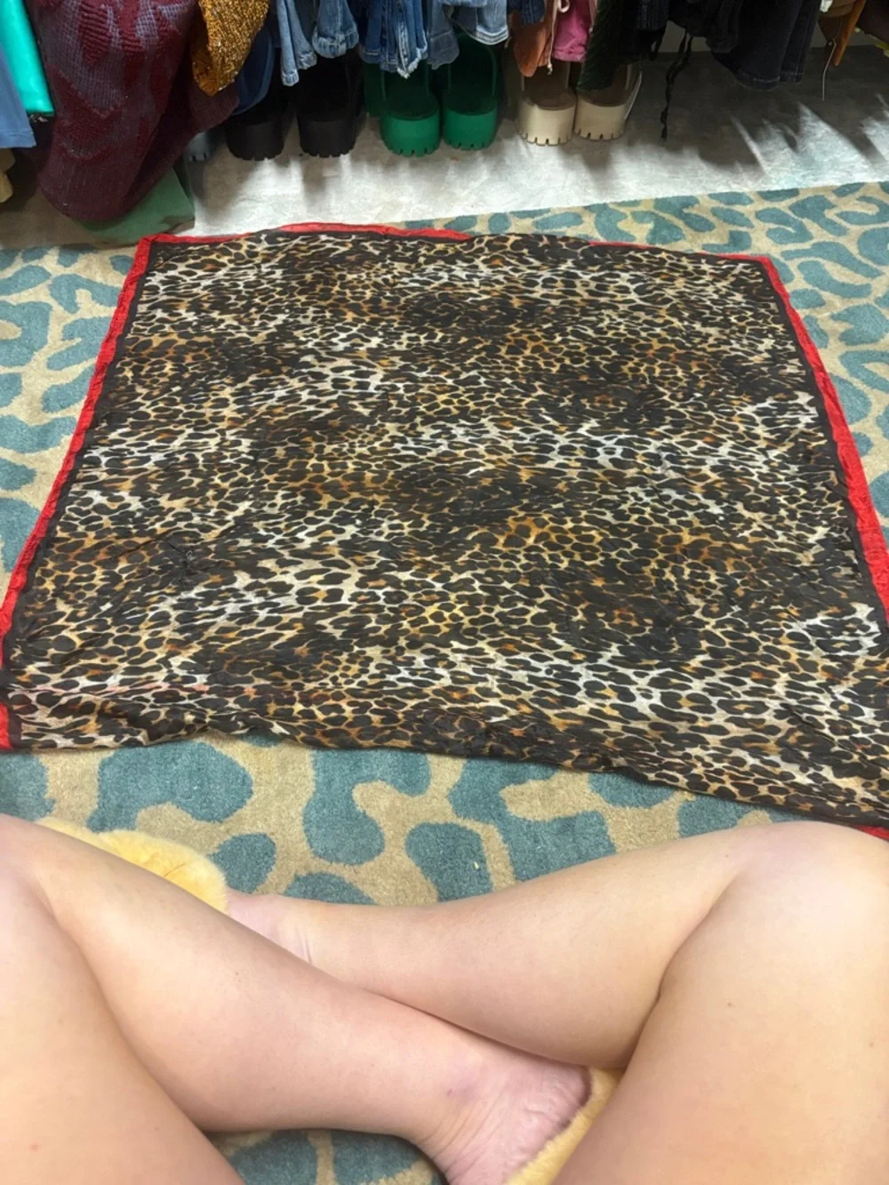 Free People Leopard Print Sheer Scarf with Red Trim - Picture 2 of 4